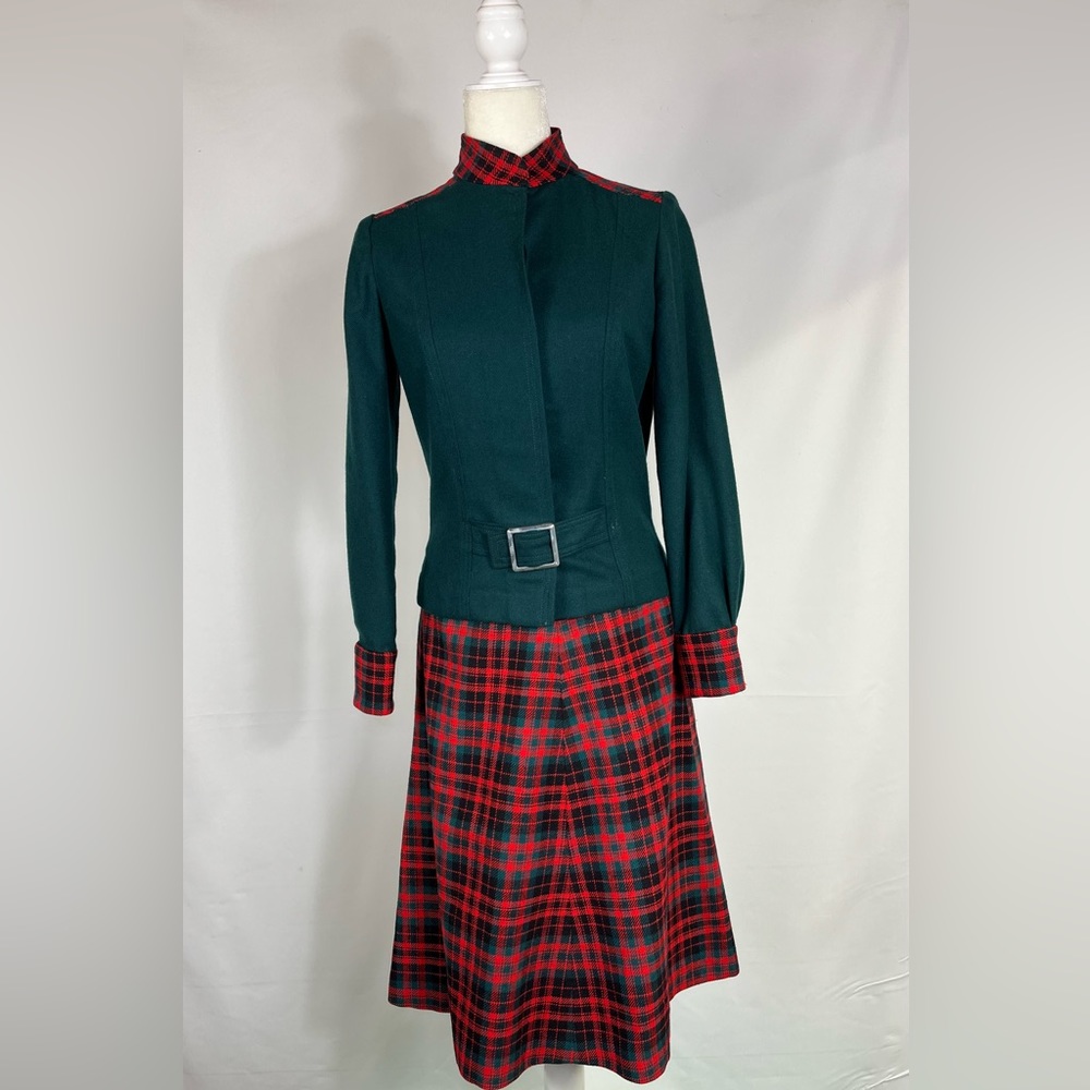Vintage handmade holiday plaid a line skirt and suit jacket set, extra small